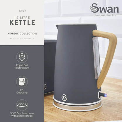 Swan Swan Nordic Kettle, 2 Slice Toaster, Bread Bin & Canisters Kitchen Set (Grey)