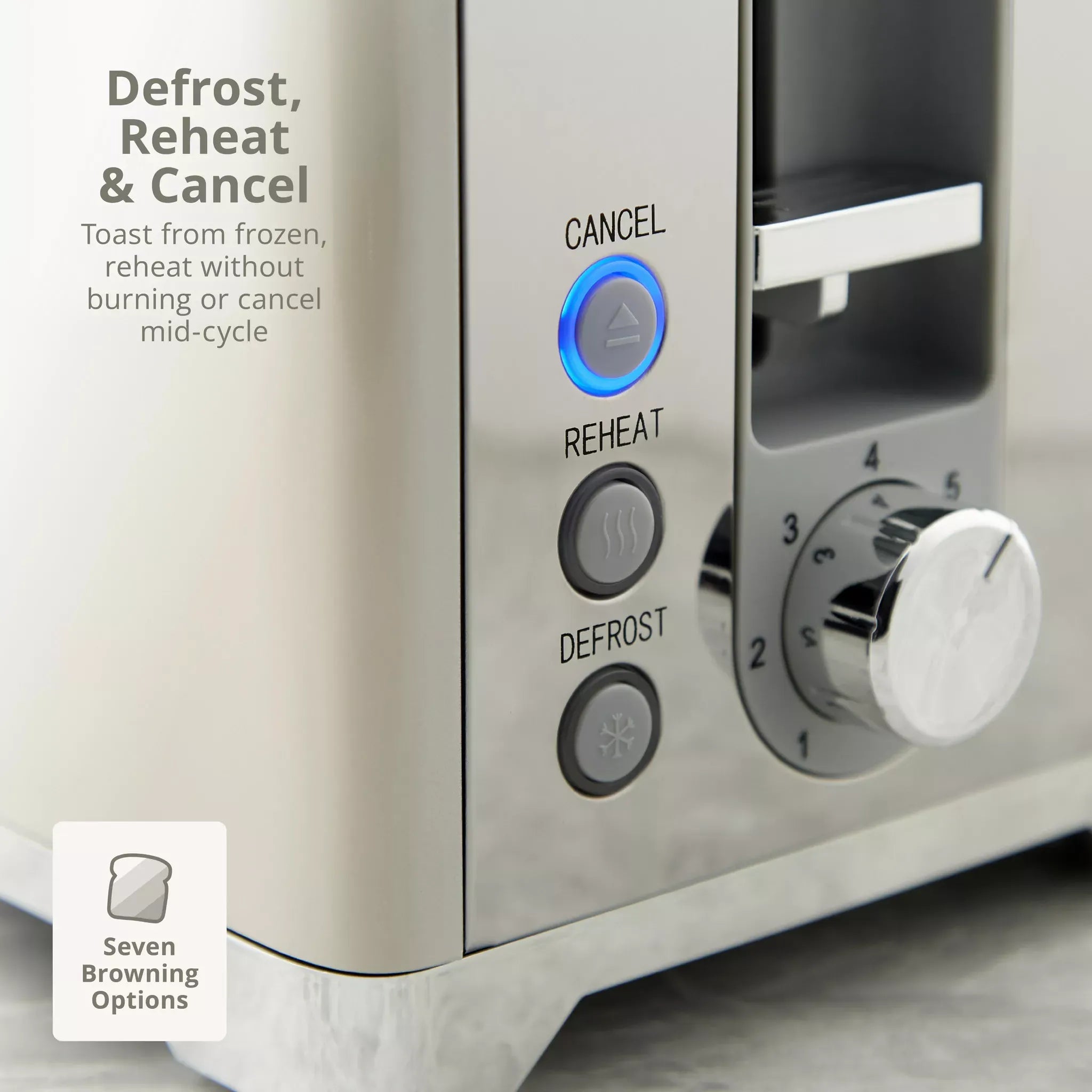 Cream toaster control panel with buttons and numbered browning dial