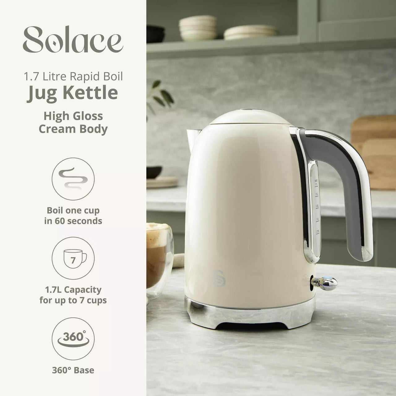 Cream electric kettle on 360° base with metal trim and side handle