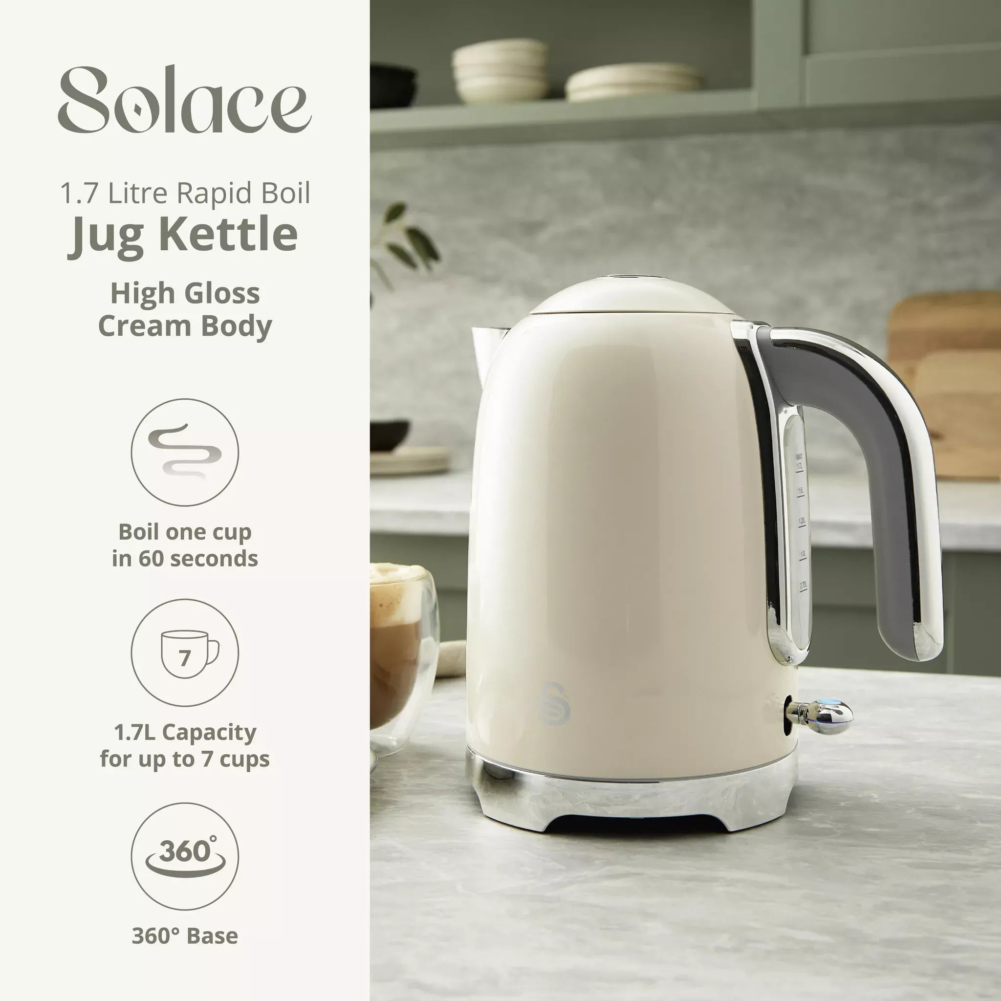 Cream electric kettle on 360° base with metal trim and side handle