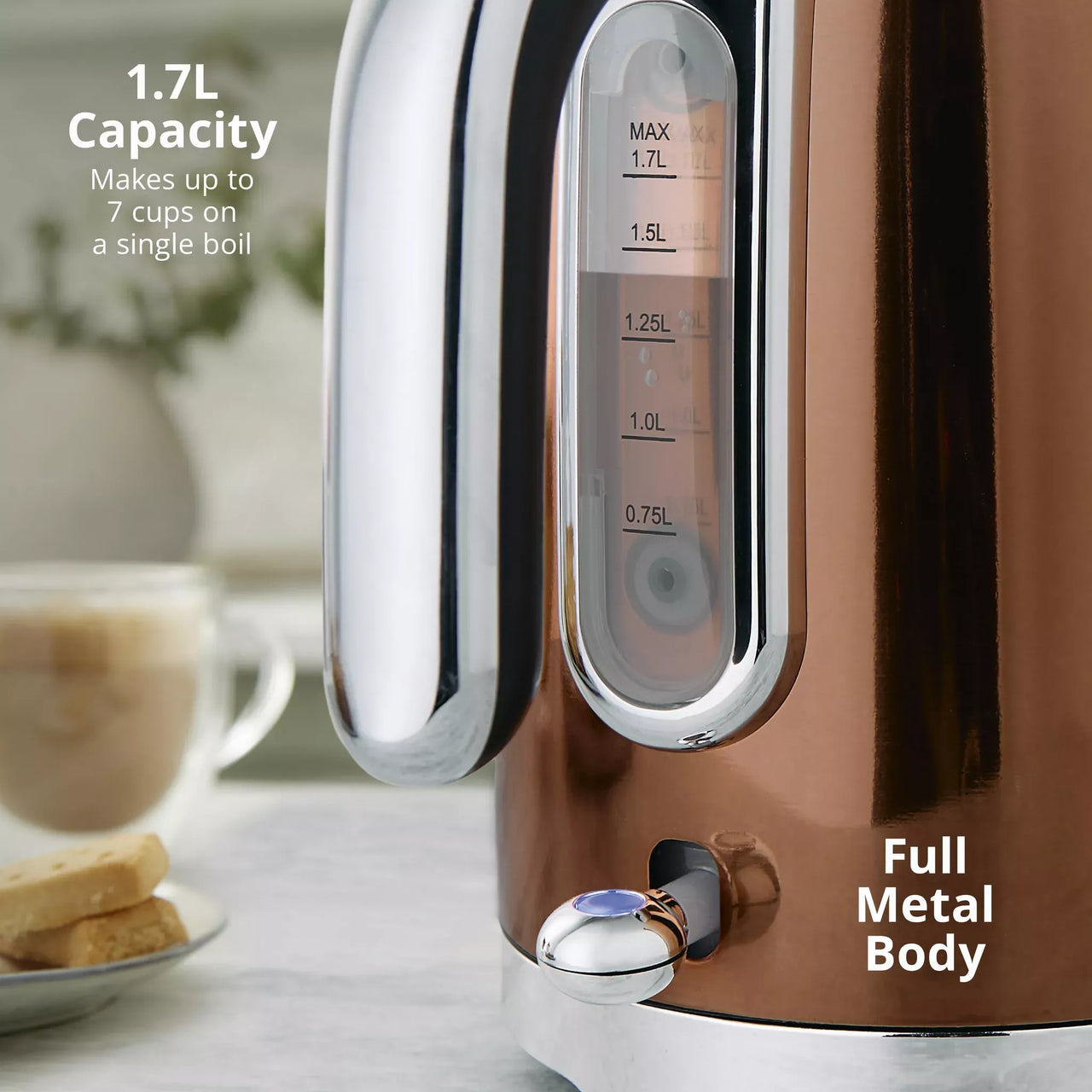 Copper jug kettle with water level window, stainless-steel spout, and chrome trim