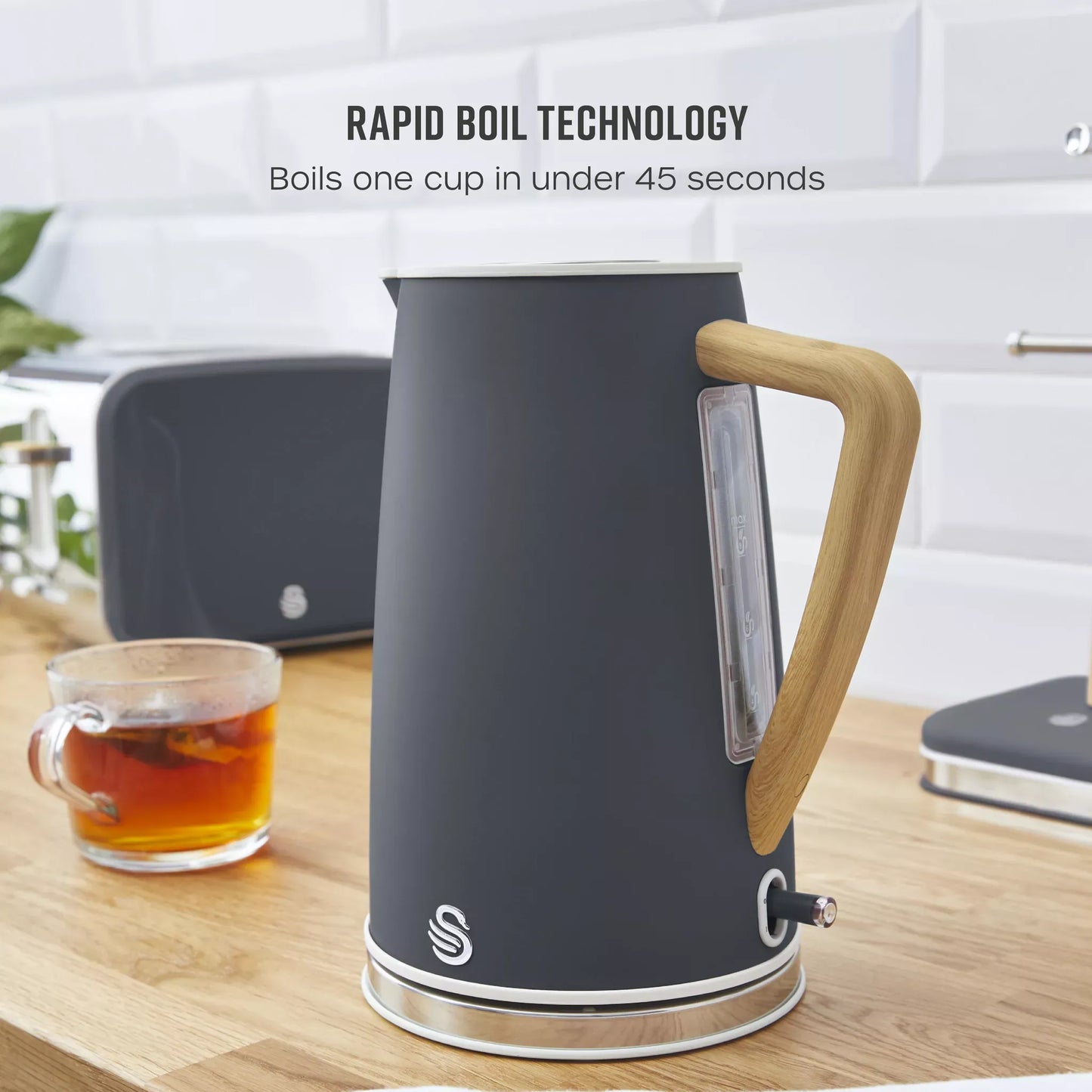 Swan Swan Nordic Kettle, 2 Slice Toaster, Bread Bin & Canisters Kitchen Set (Grey)