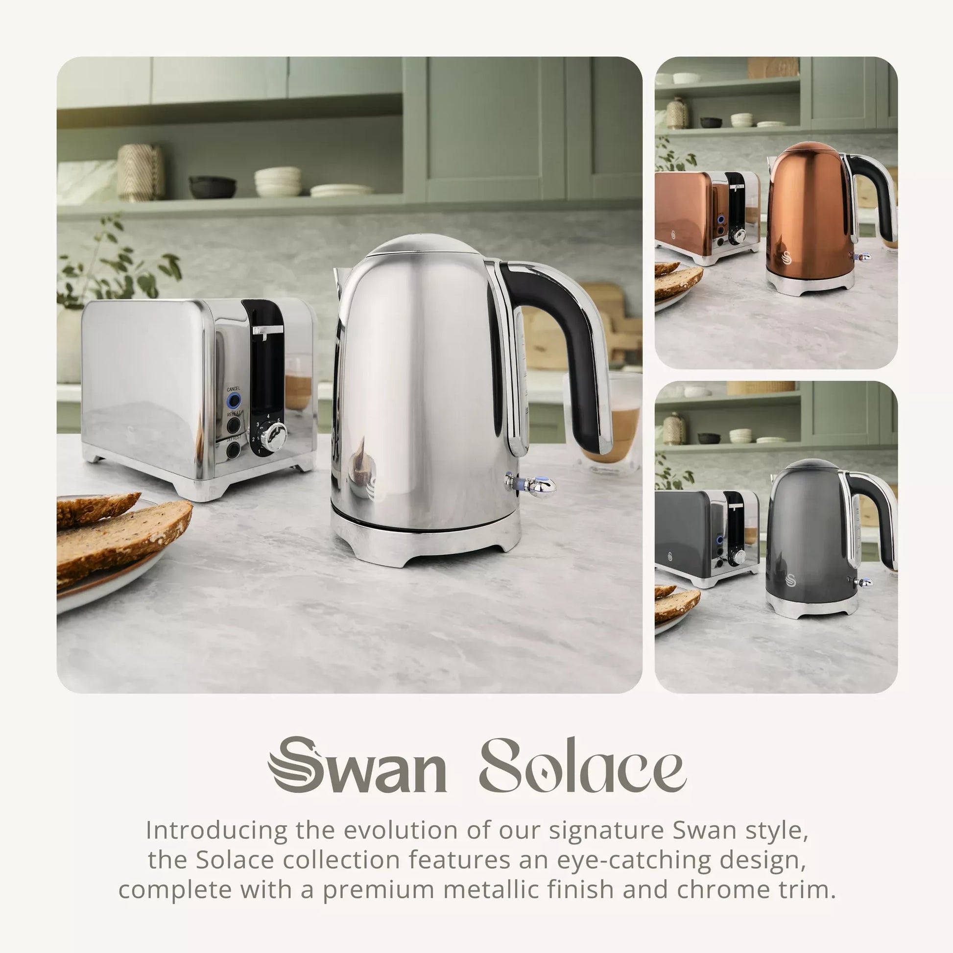 Swan Swan Solace Jug Kettle & 2 Slice Toaster Kitchen Set (Silver Stainless Steel)