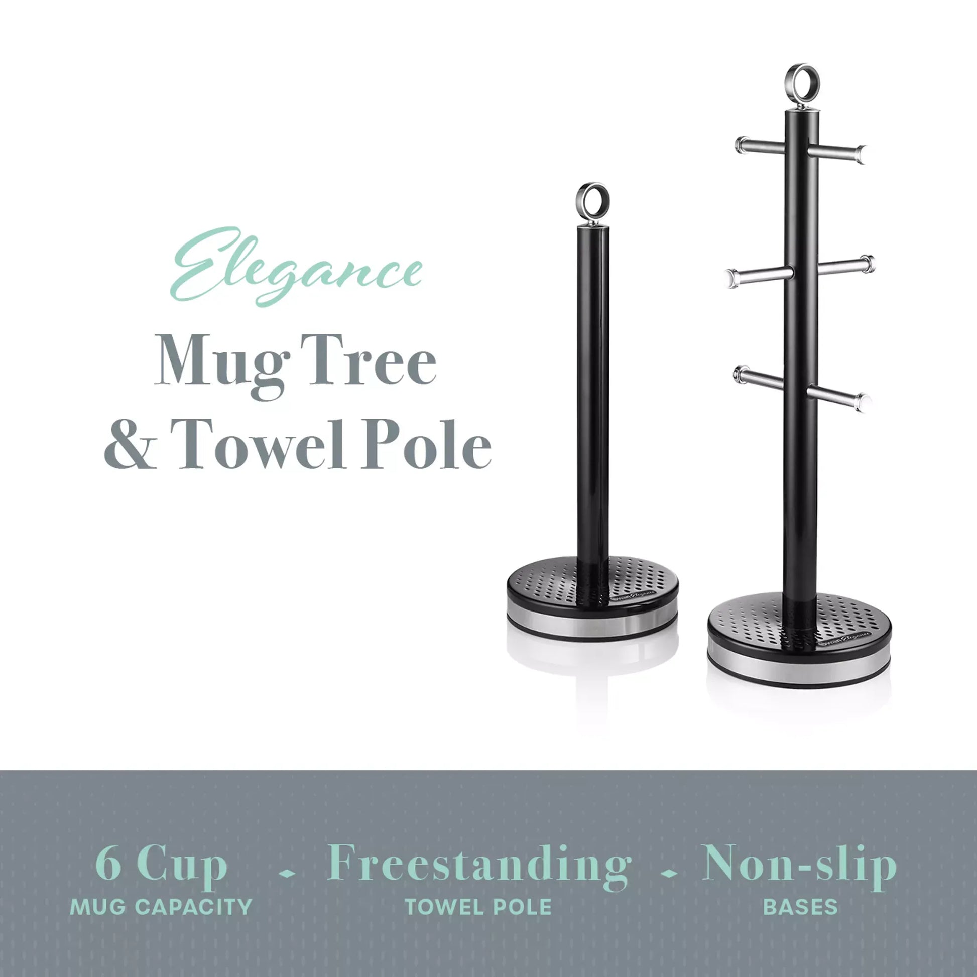Swan Swan Elegance Bread Bin, Canisters, Mug Tree & Towel Pole Storage Set (Black)