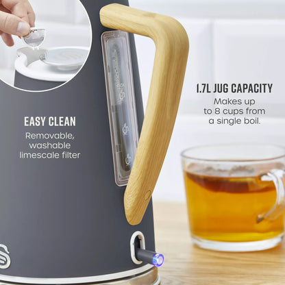 Swan Swan Nordic Kettle, 2 Slice Toaster, Bread Bin & Canisters Kitchen Set (Grey)