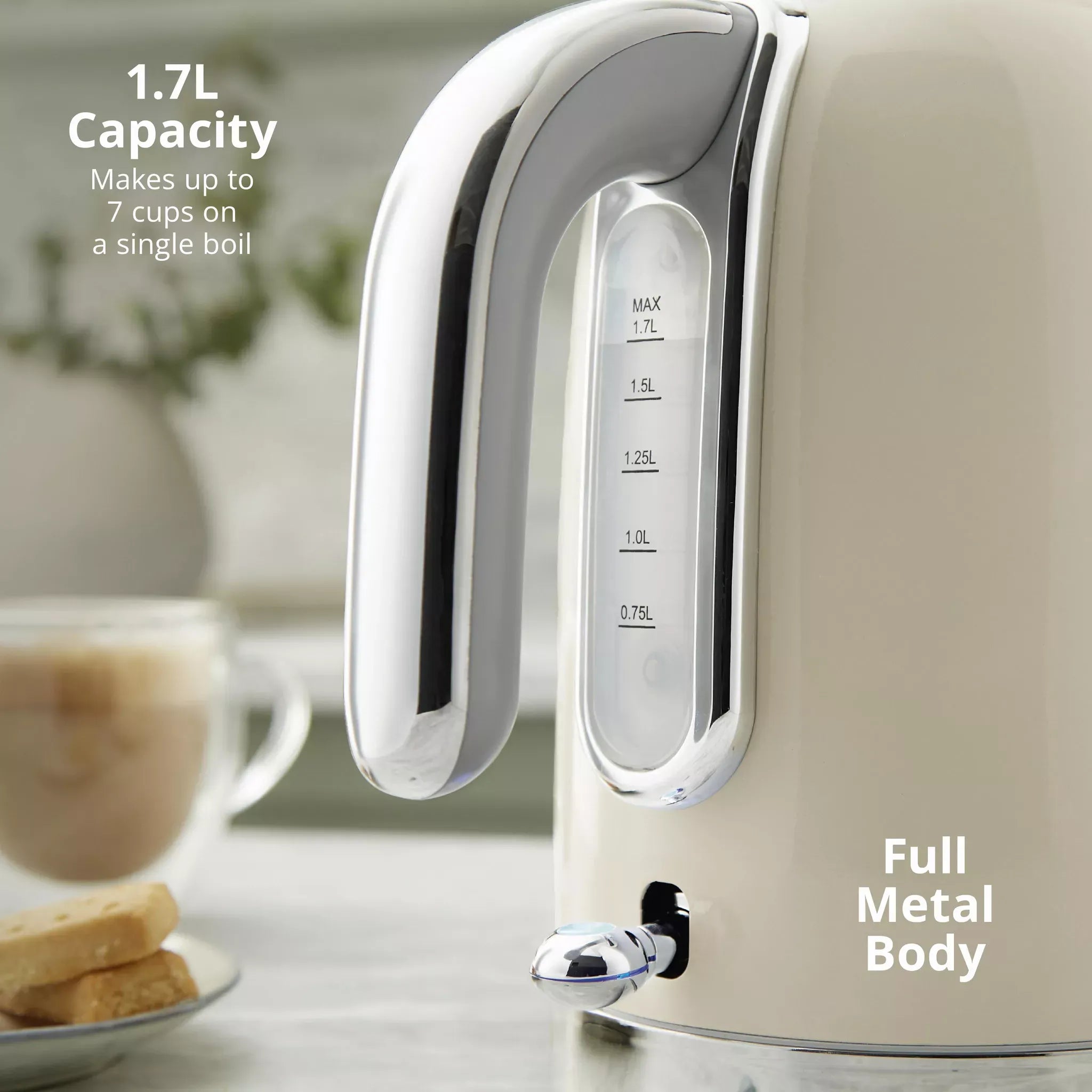 Cream electric kettle with side water level window and metal spout
