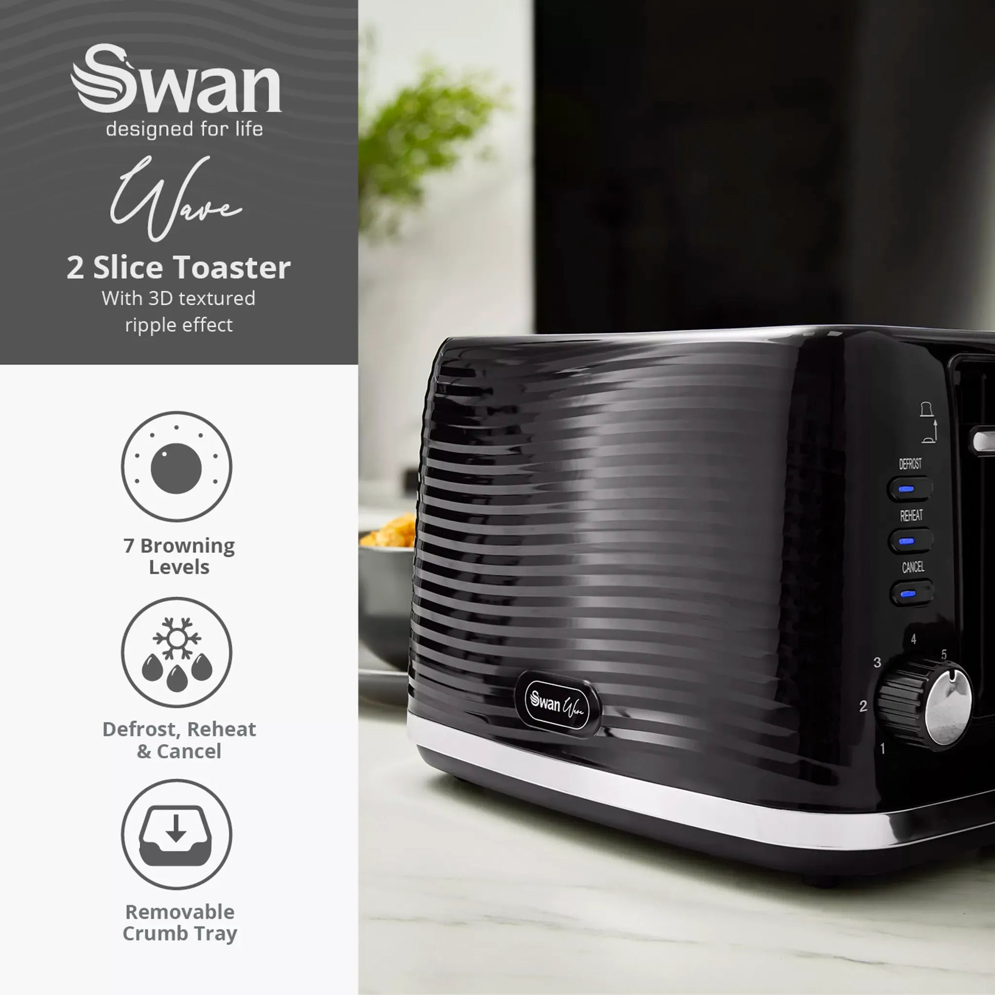 Swan Swan Wave Kettle & 2 Slice Toaster Kitchen Set (Black)
