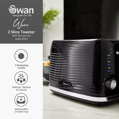 Swan Swan Wave Kettle & 2 Slice Toaster Kitchen Set (Black)