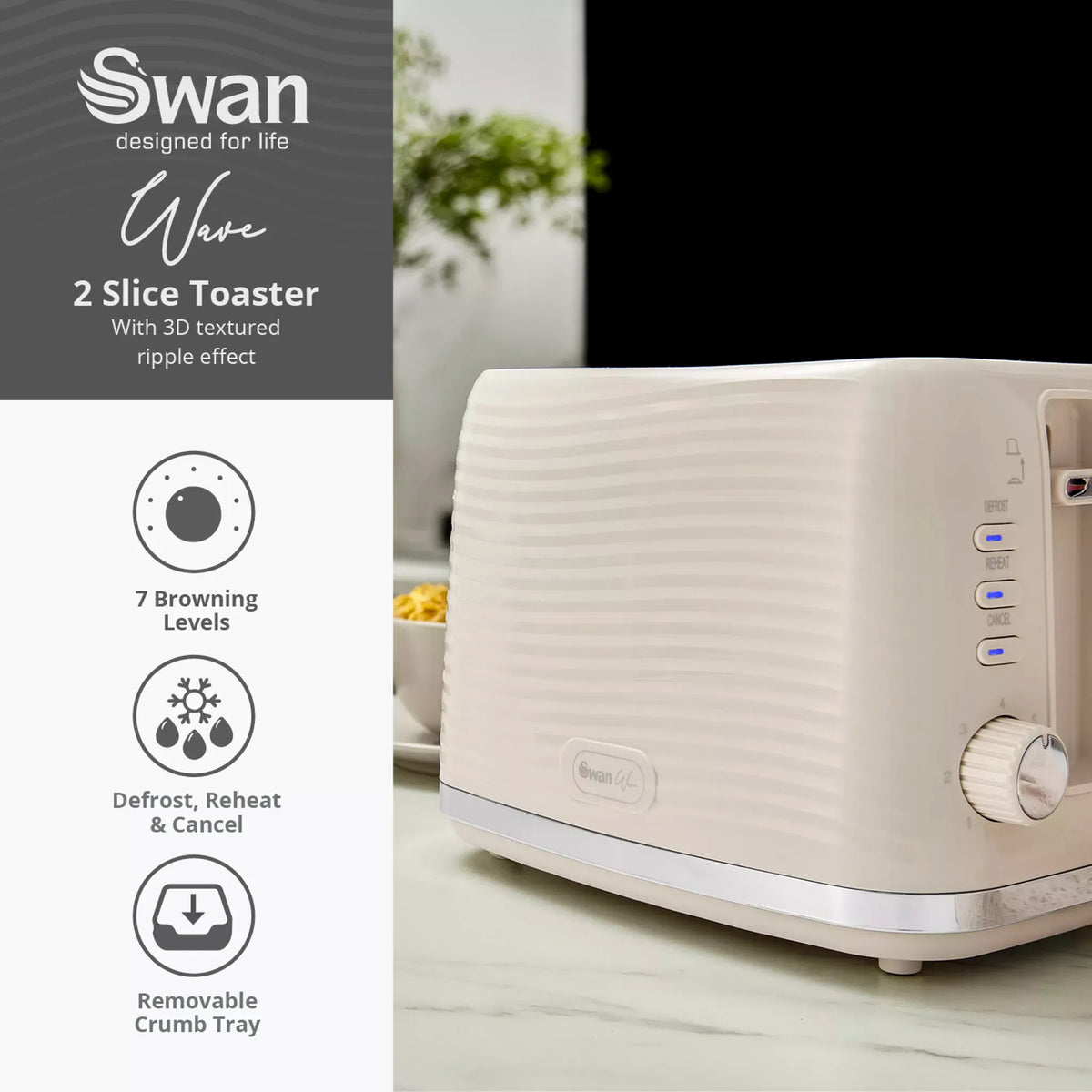 Swan Swan Wave Kettle & 2 Slice Toaster Kitchen Set (Cream)