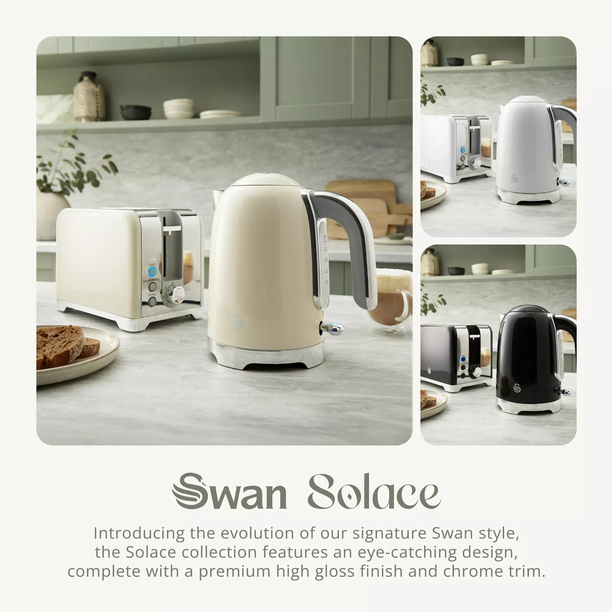 Cream toaster and kettle kitchen set with matching design on countertop