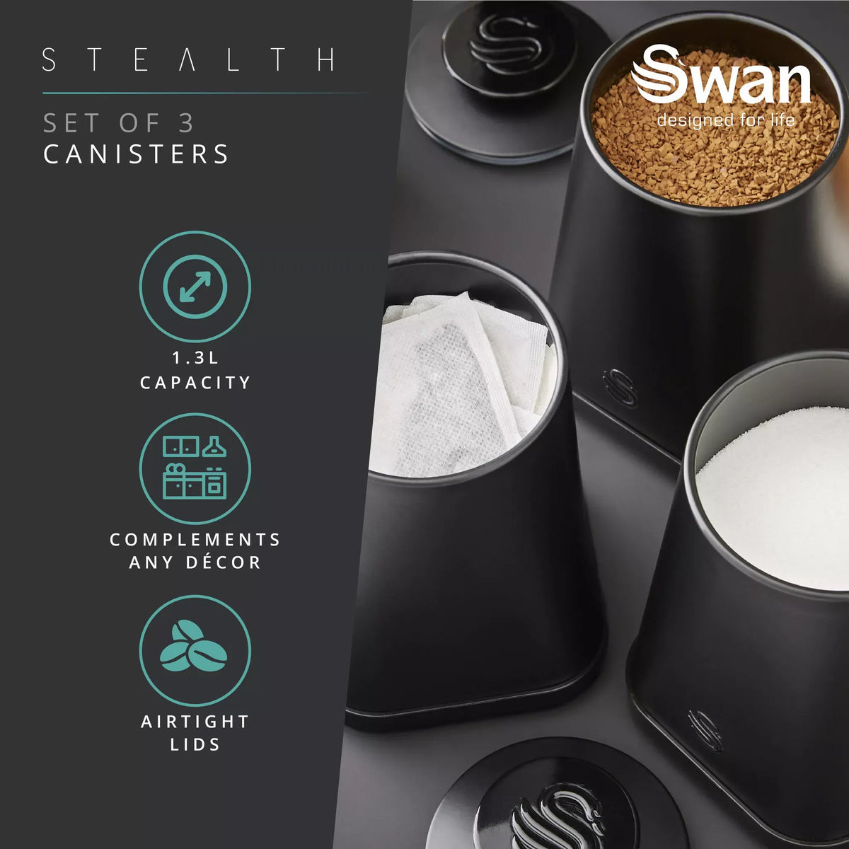 Swan Swan Stealth Bread Bin & Canisters Kitchen Storage Set (Matt Black)