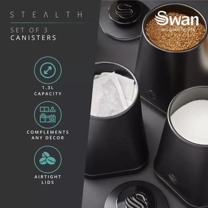 Swan Swan Stealth Bread Bin & Canisters Kitchen Storage Set (Matt Black)