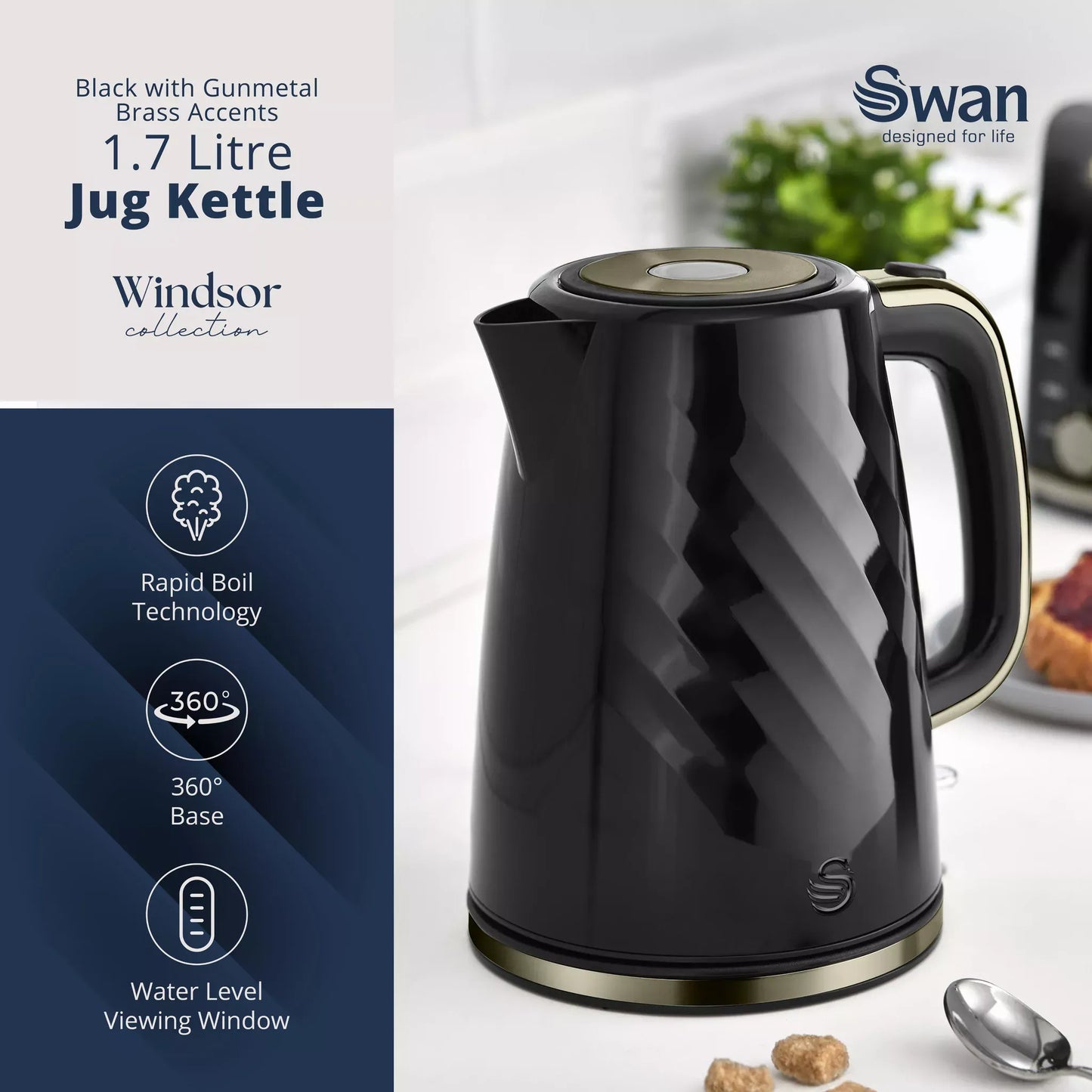 Swan Windsor Textured Kettle & 2 Slice Toaster Set (Black/Gunmetal Brass Trim)