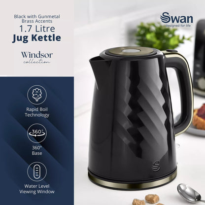 Swan Windsor Textured Kettle & 2 Slice Toaster Set (Black/Gunmetal Brass Trim)