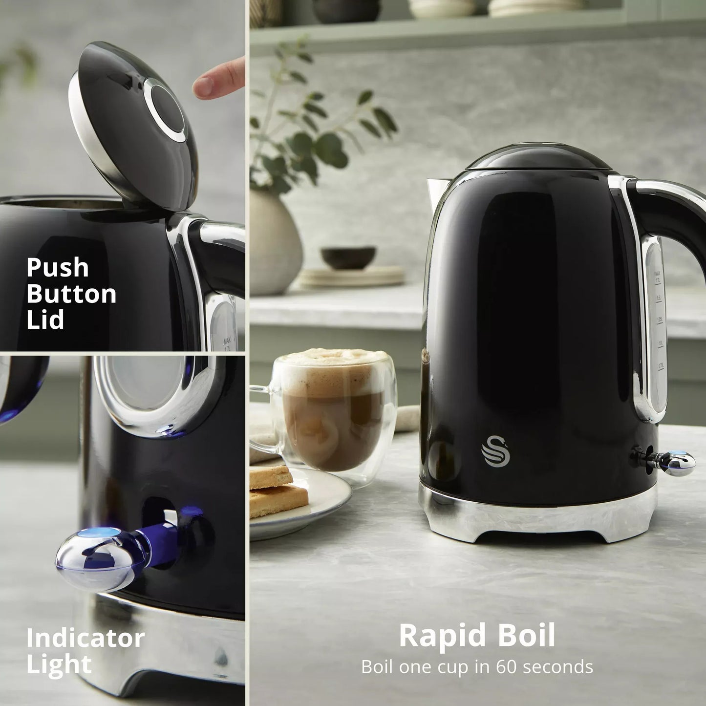 Swan Swan Solace Jug Kettle, 2 Slice Toaster, Bread Bin & Canisters Kitchen Set (Black)