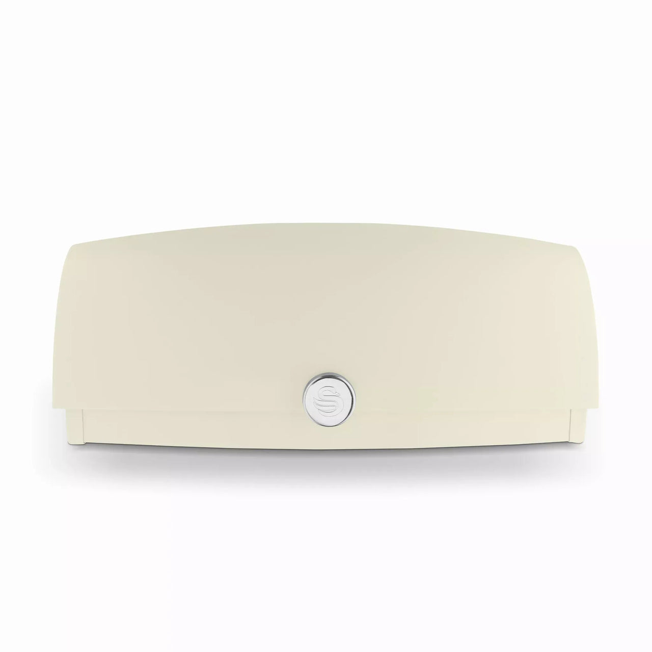 Front view of cream roll-top bread bin with chrome logo knob