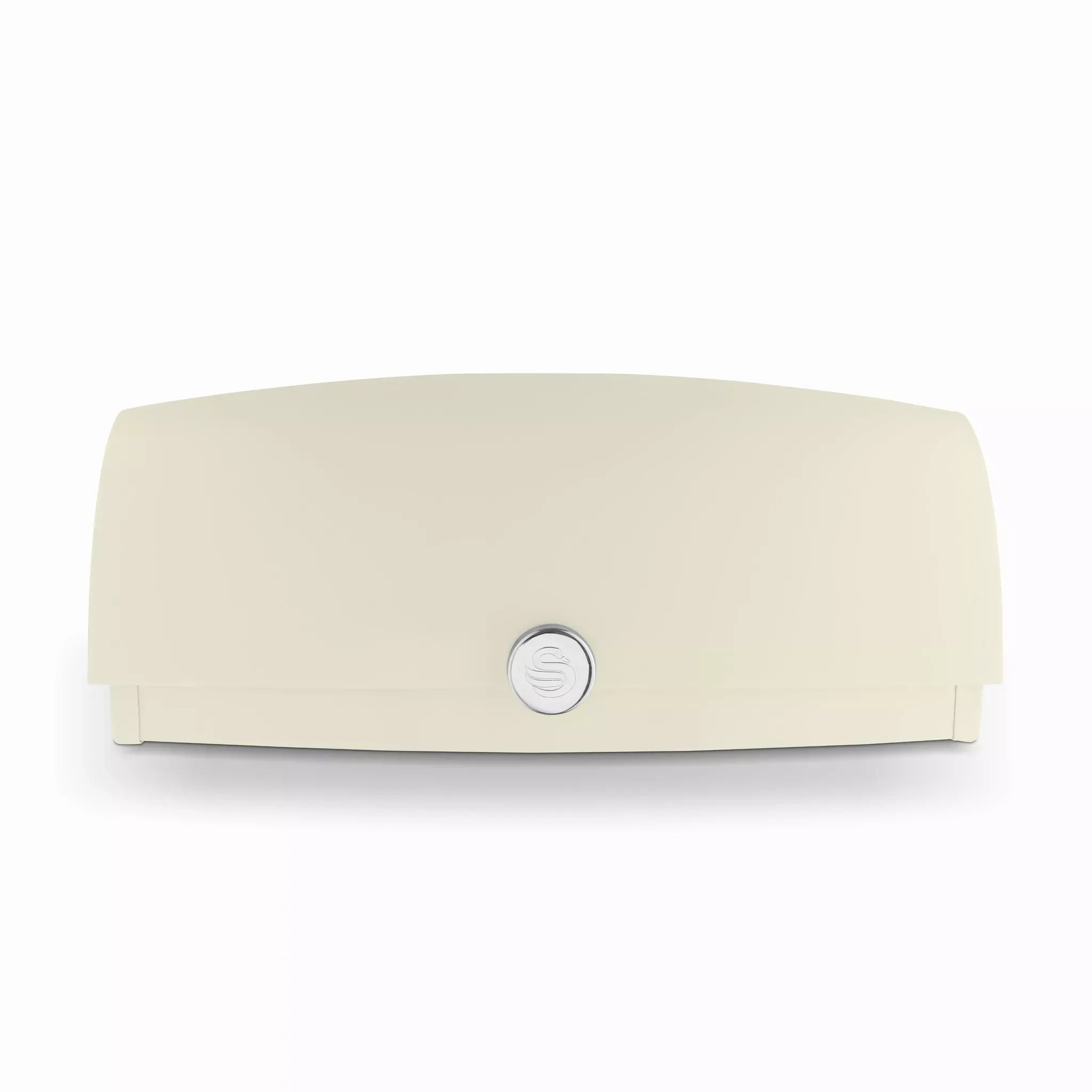 Front view of cream roll-top bread bin with chrome logo knob