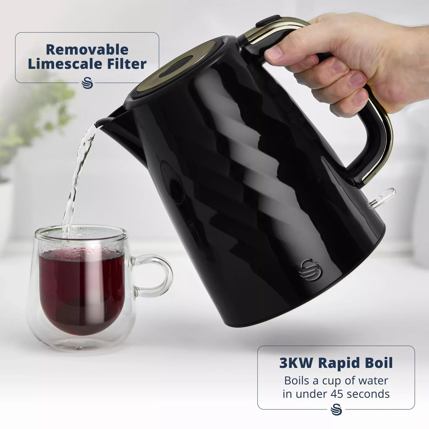 Swan Windsor Textured Kettle & 2 Slice Toaster Set (Black/Gunmetal Brass Trim)