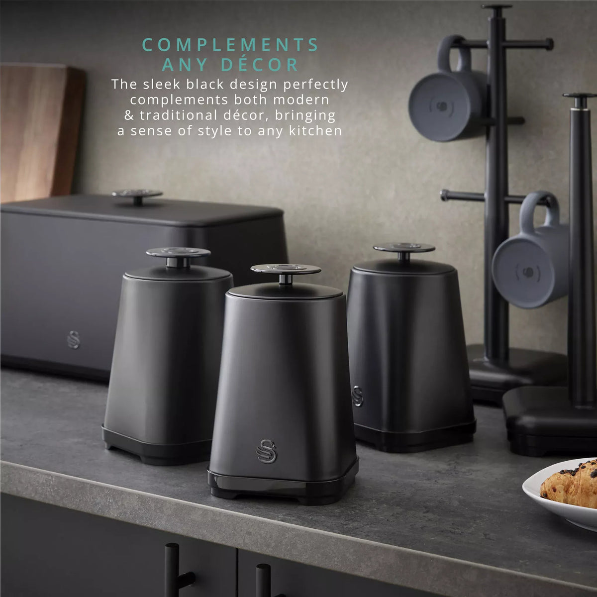 Swan Swan Stealth Bread Bin & Canisters Kitchen Storage Set (Matt Black)