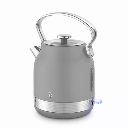 Swan Retro Pyramid Kettle, 4 Slice Toaster, Bread Bin, Canisters & Towel Pole Kitchen Set (Grey)