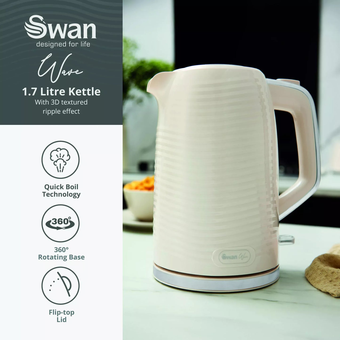 Swan Swan Wave Kettle & 2 Slice Toaster Kitchen Set (Cream)