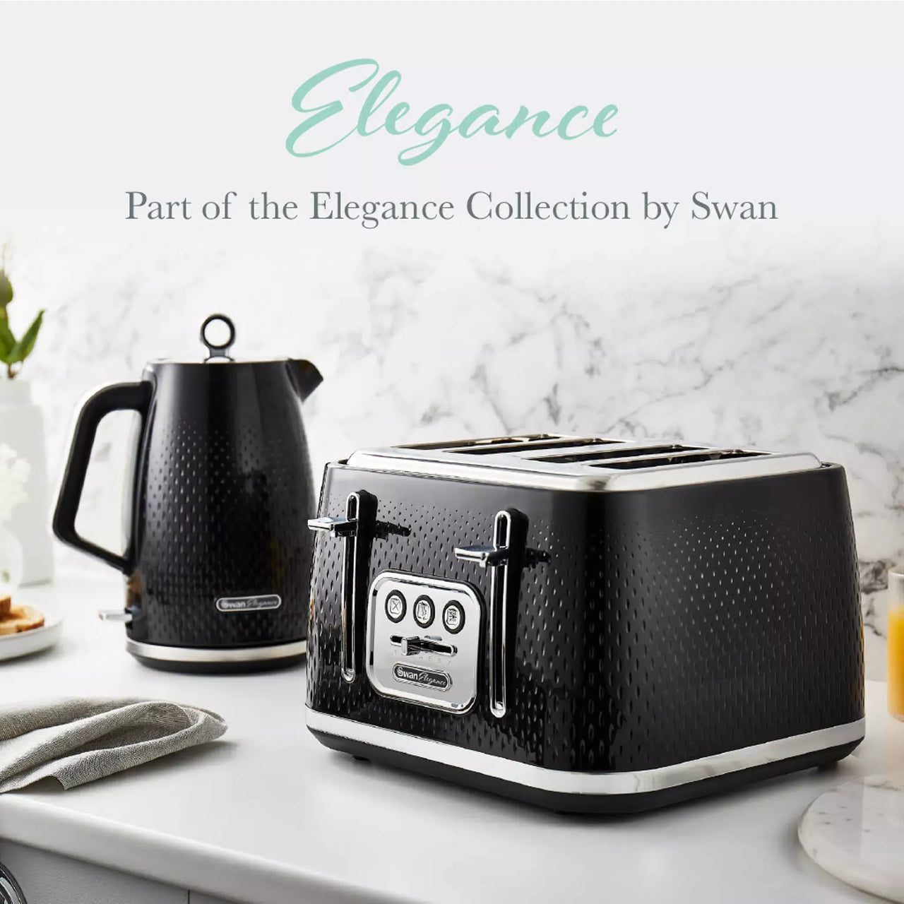 Swan Elegance Kettle, Toaster, Bread Bin, Canisters, Mug Tree & Towel Pole Set (Black)