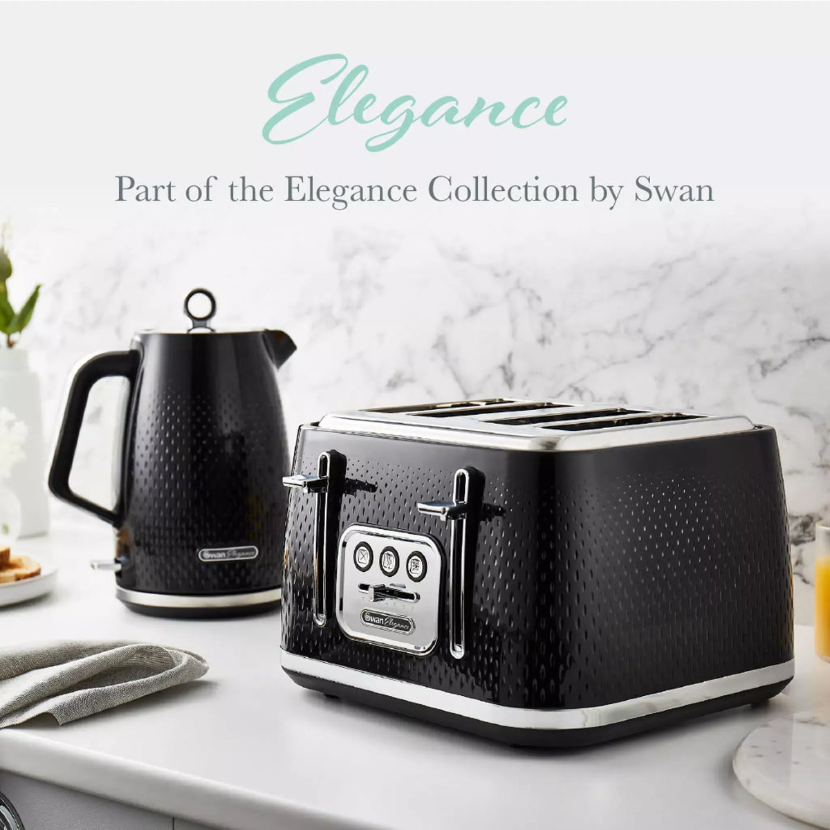 Swan Swan Elegance Kettle & 4 Slice Toaster Kitchen Set (Black)