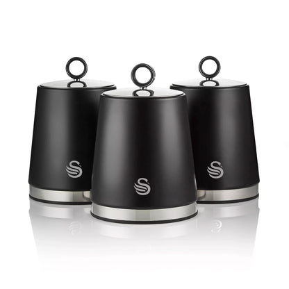 Swan Swan Serenity Kettle, 4 Slice Toaster, Bread Bin & Canisters Kitchen Set (Black)