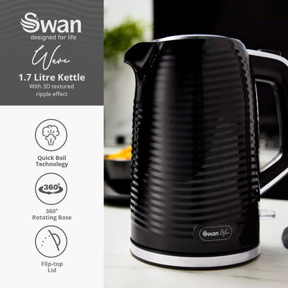 Swan Swan Wave Kettle & 2 Slice Toaster Kitchen Set (Black)