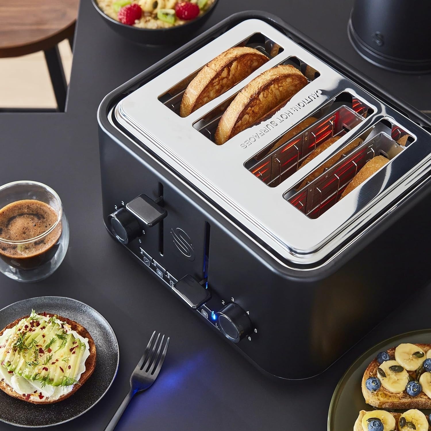 Swan Swan Stealth Kettle, 4 Slice Toaster, Bread Bin & Canisters Kitchen Set (Matt Black)