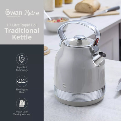 Swan Retro Pyramid Kettle, 4 Slice Toaster, Bread Bin, Canisters & Towel Pole Kitchen Set (Grey)