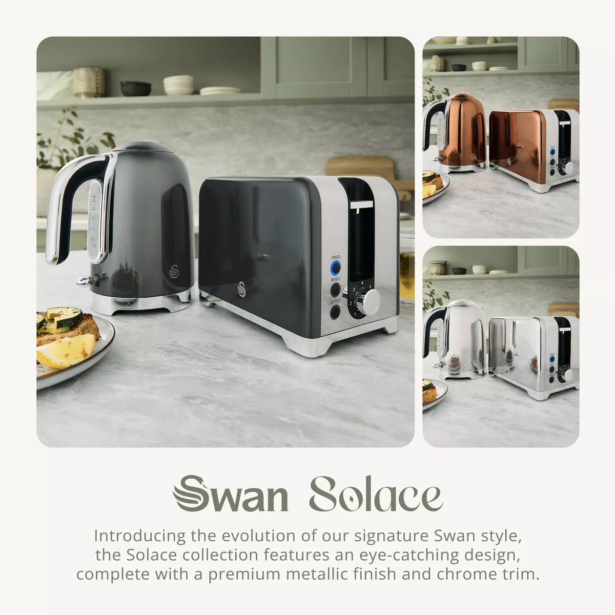 Swan Swan Solace Jug Kettle & 2 Slice Toaster Kitchen Set (Graphite)