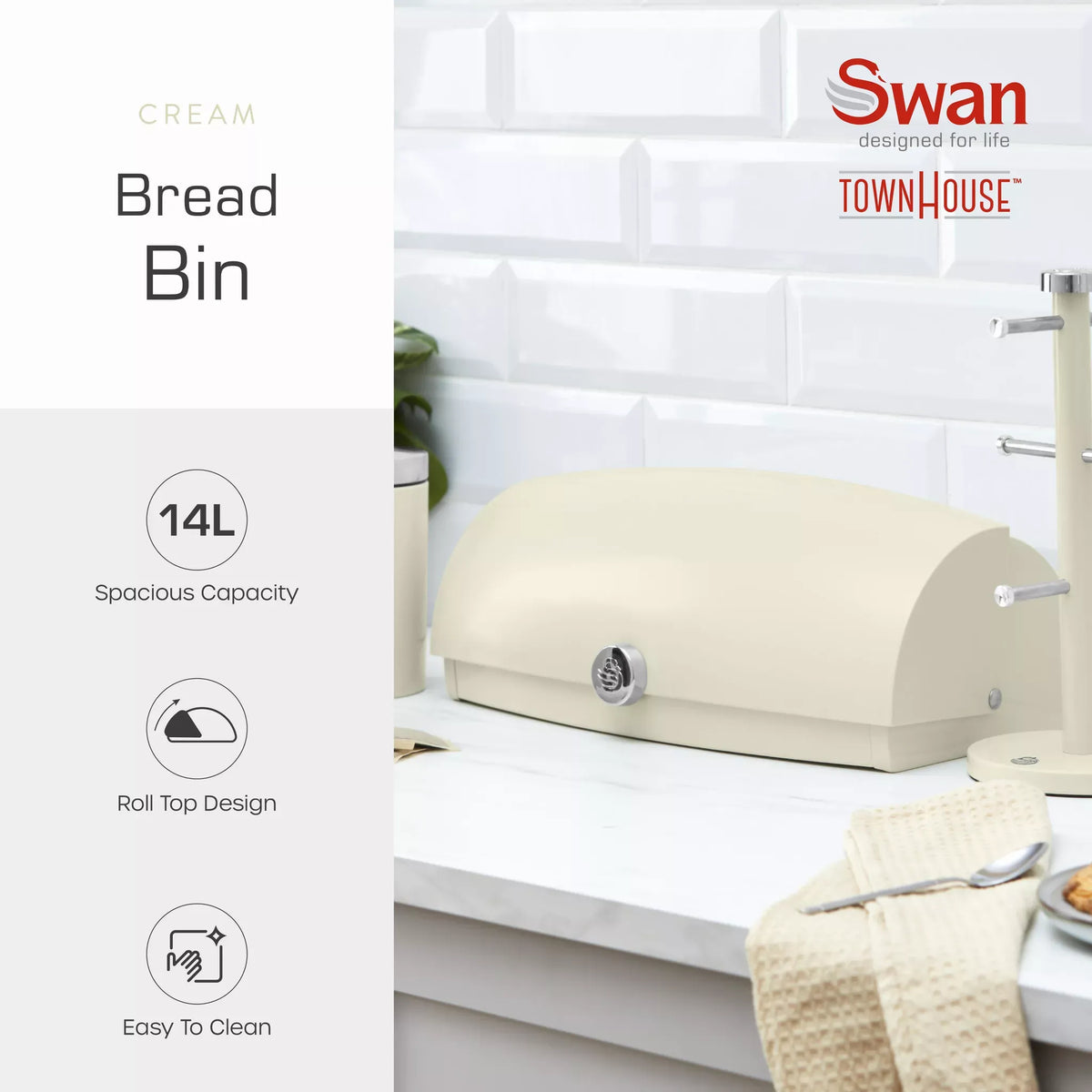 Swan Swan Townhouse Kettle, 2 Slice Toaster, Bread Bin, Canisters Kitchen Set (Cream)