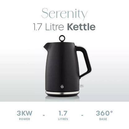 Swan Swan Serenity Kettle, 4 Slice Toaster, Bread Bin & Canisters Kitchen Set (Black)