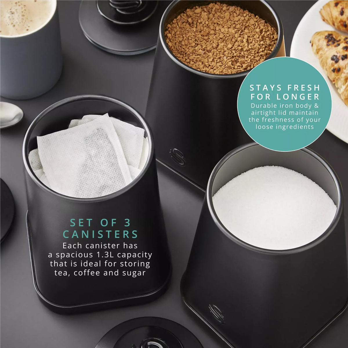 Swan Swan Stealth Bread Bin & Canisters Kitchen Storage Set (Matt Black)