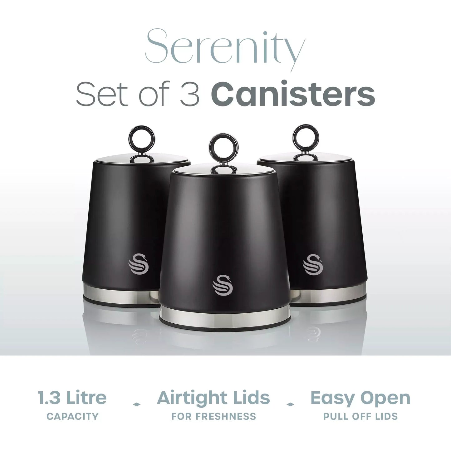 Swan Swan Serenity Kettle, 4 Slice Toaster, Bread Bin & Canisters Kitchen Set (Black)