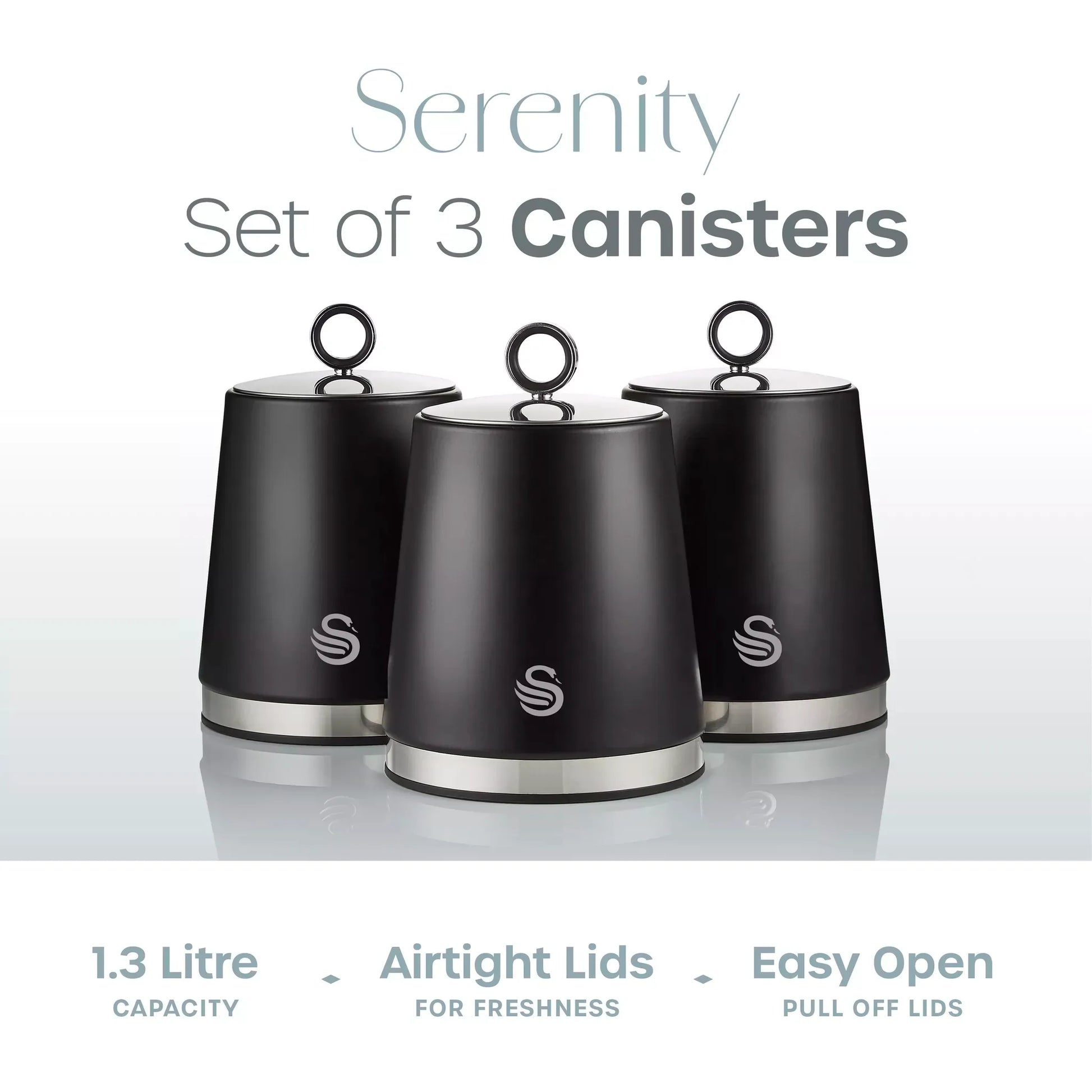 Swan Swan Serenity Kettle, 4 Slice Toaster, Bread Bin & Canisters Kitchen Set (Black)