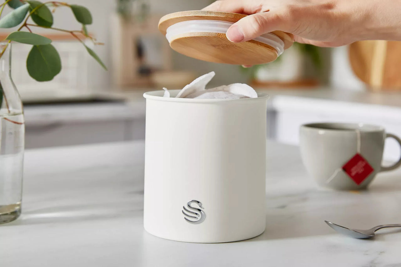 Swan Nordic Kettle, 2 Slice Toaster, Bread Bin, Canisters & Towel Pole Set (White)