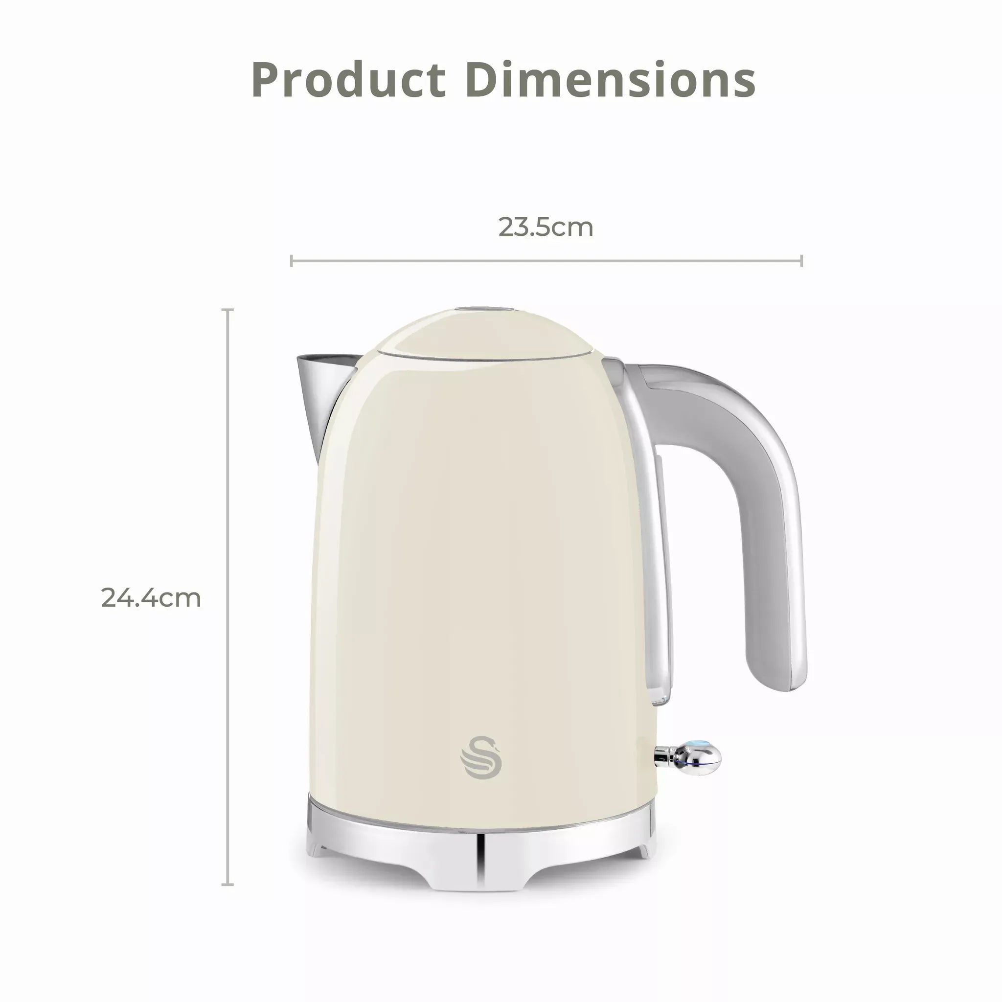 Cream electric kettle front view with stainless base trim and side handle