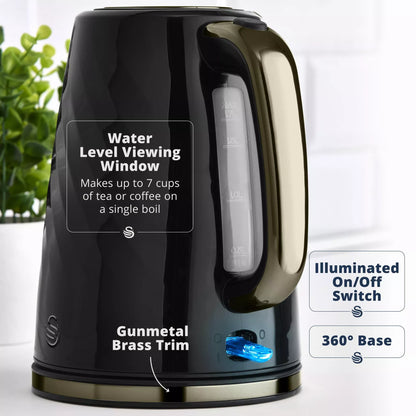 Swan Windsor Textured Kettle & 2 Slice Toaster Set (Black/Gunmetal Brass Trim)
