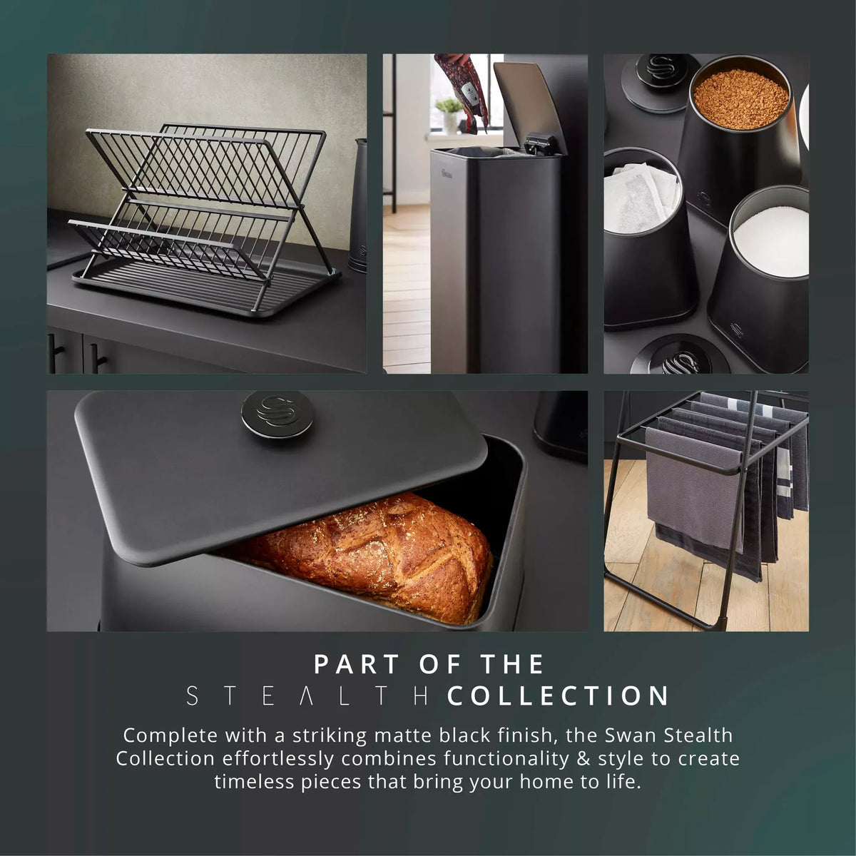 Swan Swan Stealth Bread Bin & Canisters Kitchen Storage Set (Matt Black)
