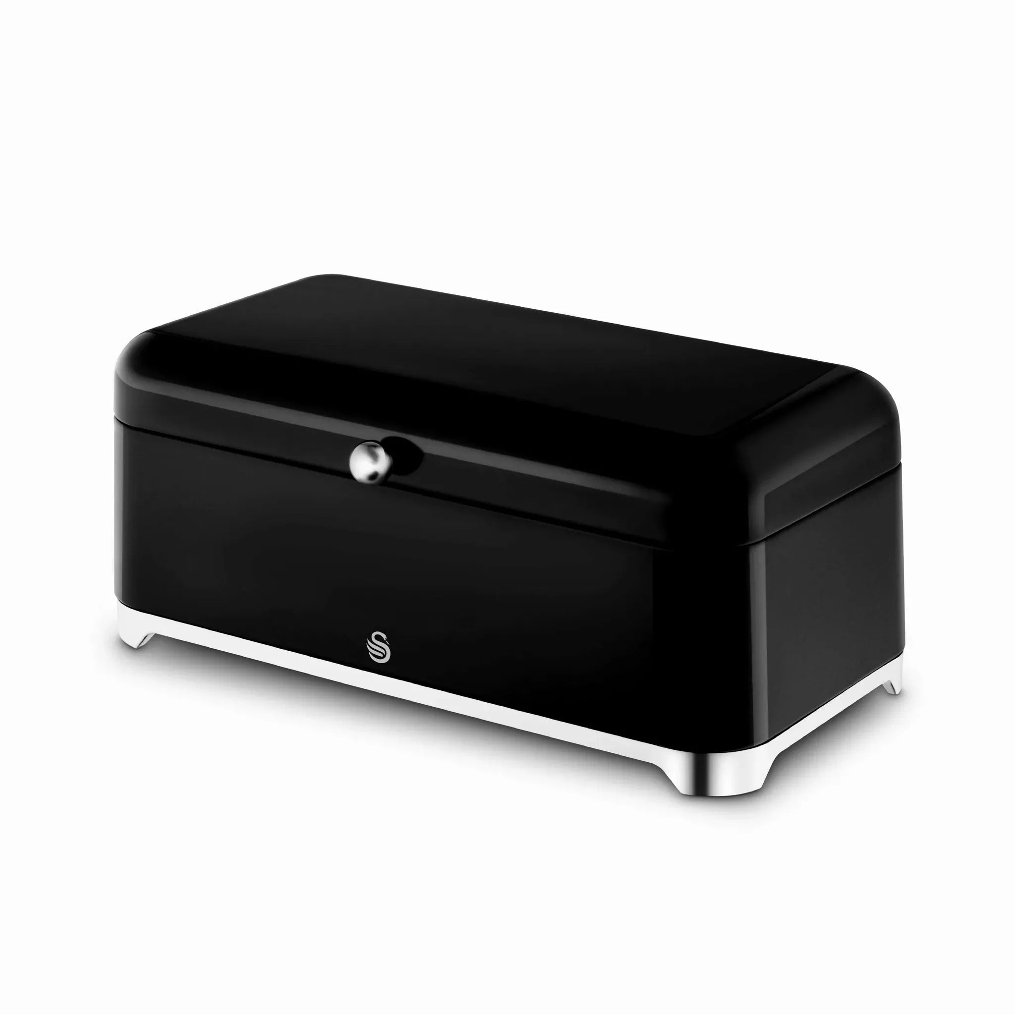 Black bread bin with chrome handle, glossy finish, rectangular counter storage unit