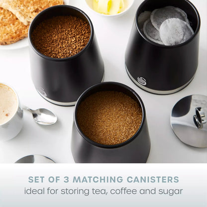 Swan Swan Serenity Kettle, 4 Slice Toaster, Bread Bin & Canisters Kitchen Set (Black)