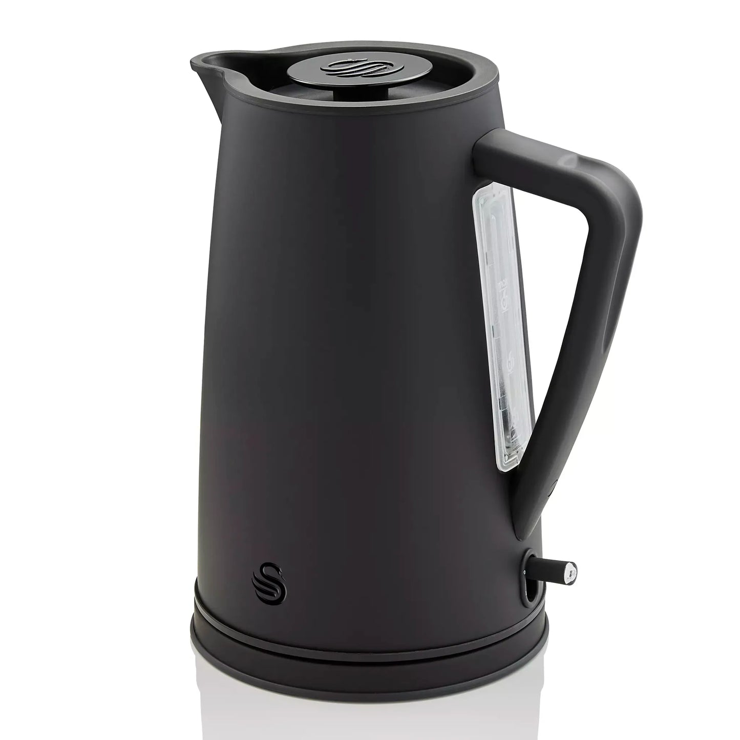 Matt black kettle with lid open and side water window
