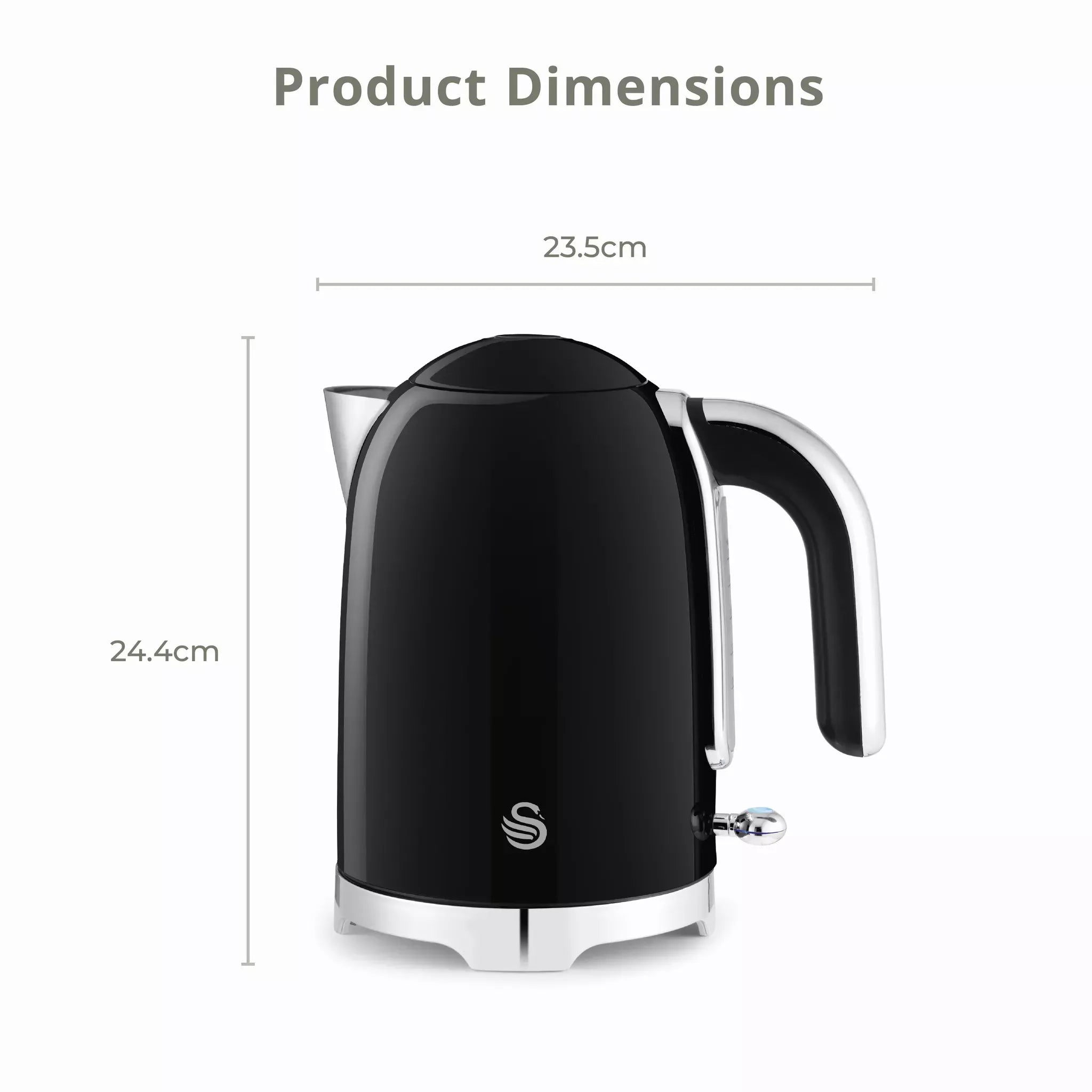 Black electric jug kettle with chrome handle and base, front view