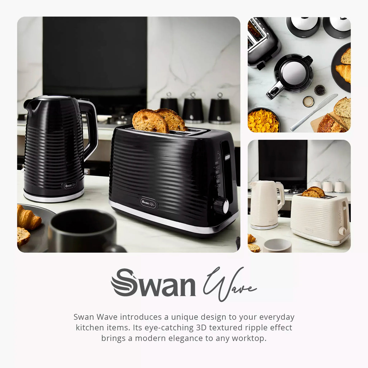 Swan Swan Wave Kettle & 2 Slice Toaster Kitchen Set (Black)
