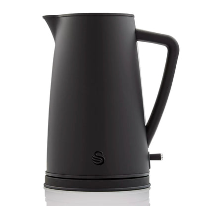 Matt black electric kettle with curved handle and base