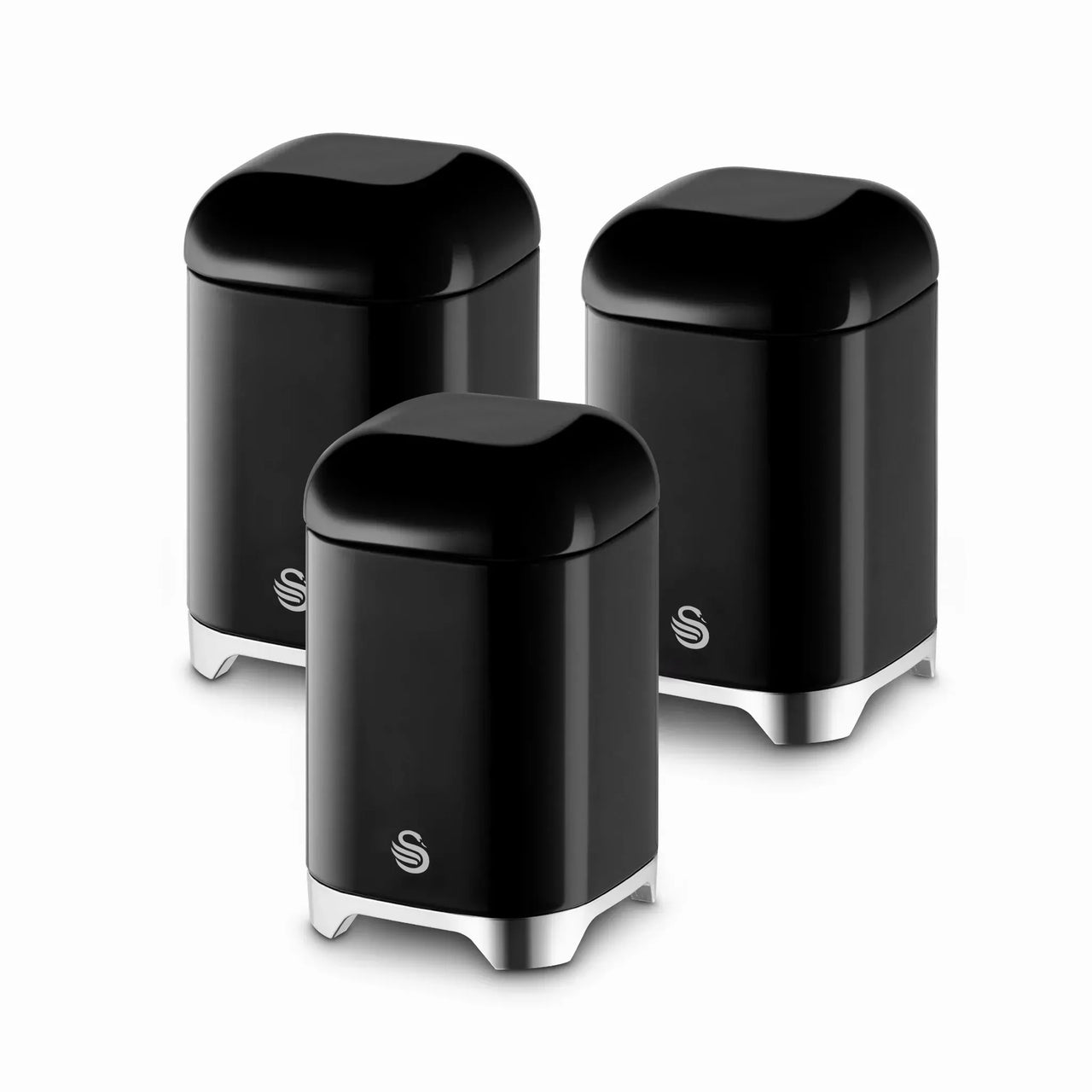 Set of three black glossy canisters with white base feet and matching lids
