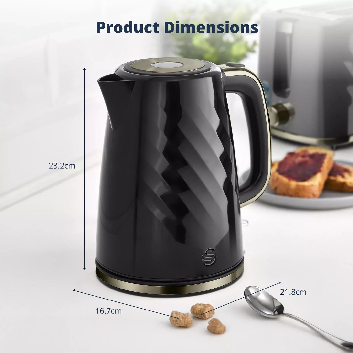 Swan Windsor Textured Kettle & 2 Slice Toaster Set (Black/Gunmetal Brass Trim)