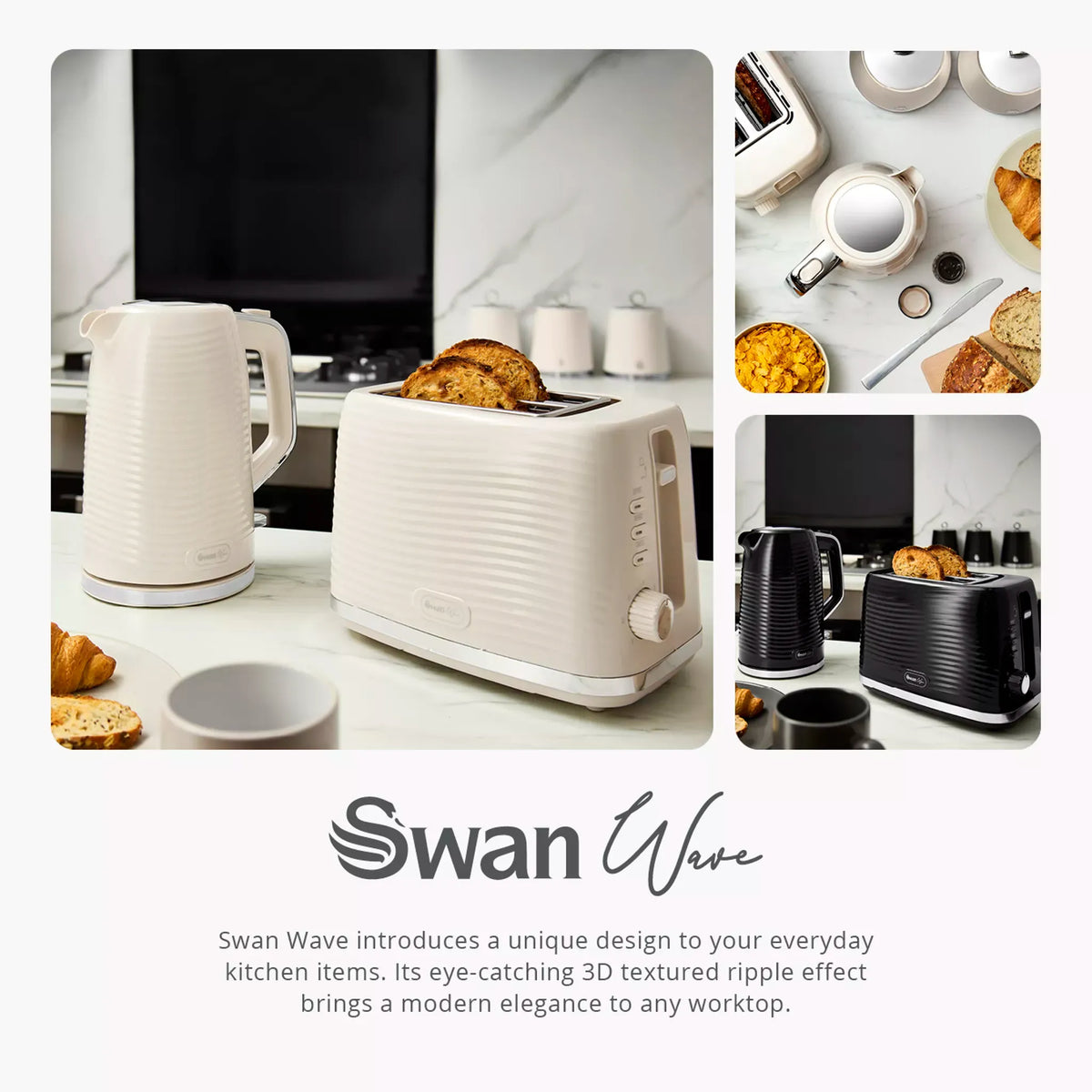 Swan Swan Wave Kettle & 2 Slice Toaster Kitchen Set (Cream)